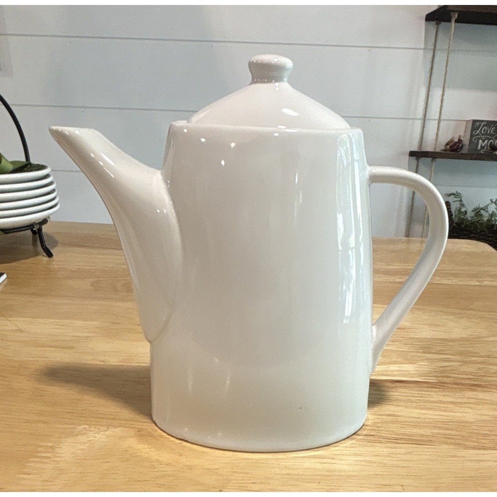 Modern Gourmet Foods White Glossy Stoneware Coffee Pot w/ Lid Included Handles
